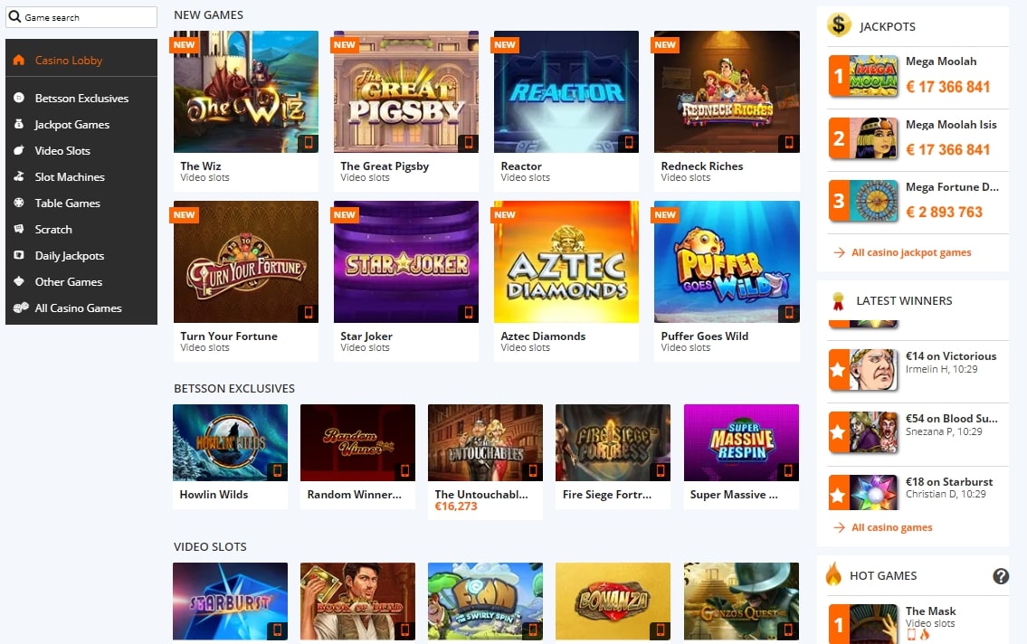 Slots Lobby at Betsson