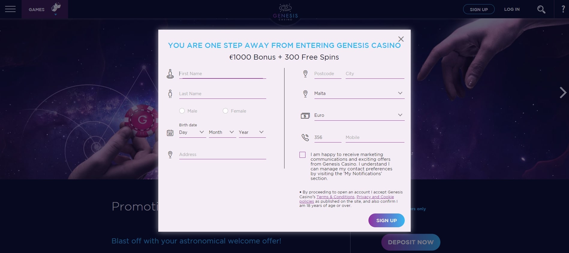 Registration Form at Genesis Casino