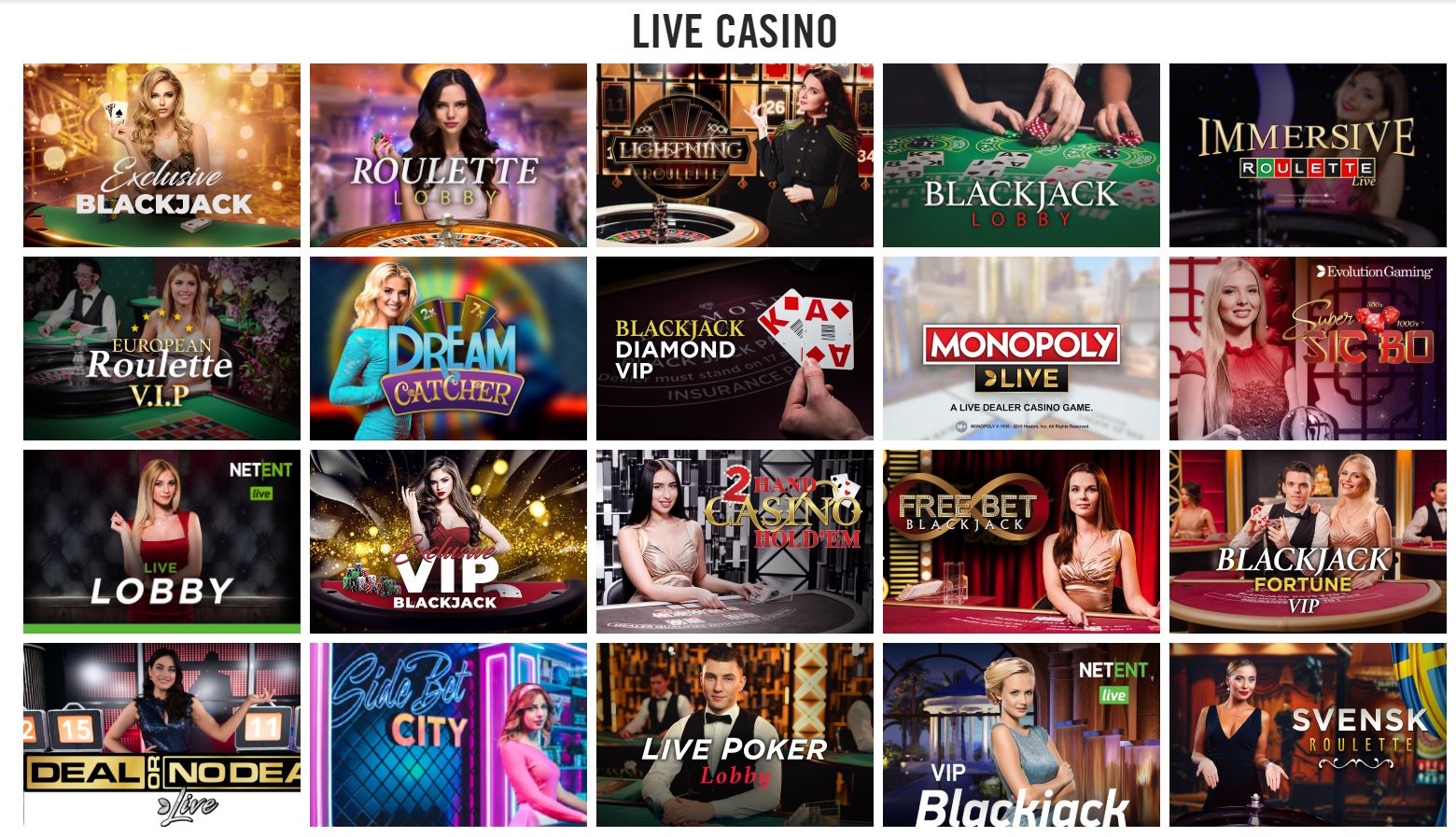 Live Casino lobby at Vegas Hero