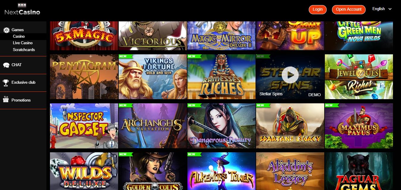 Slots lobby at Next Casino