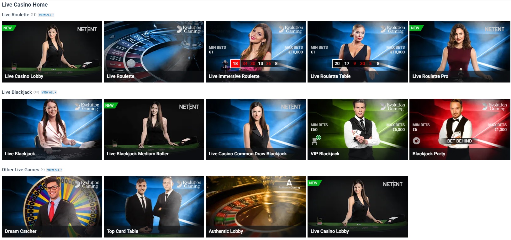 Live Casino lobby at Nordicbet