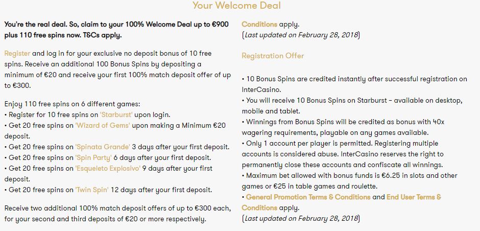 InterCasino Welcome Bonus Package